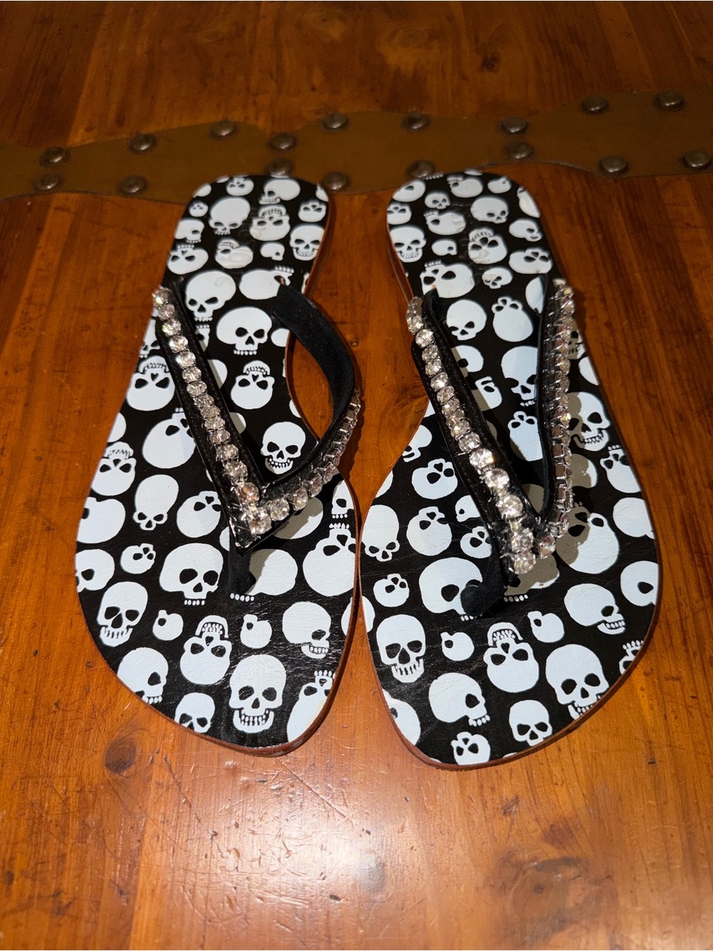 Mystic Black and White Skull Rhinestone Flip Flop Sandals Leather